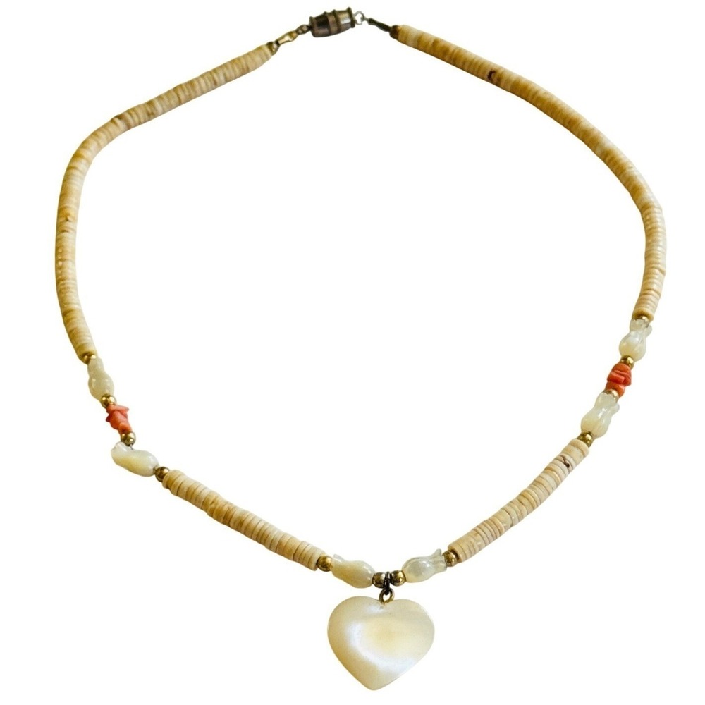 Vtg Heishi Heart choker Necklace Native American mother of pearl pink coral 70s